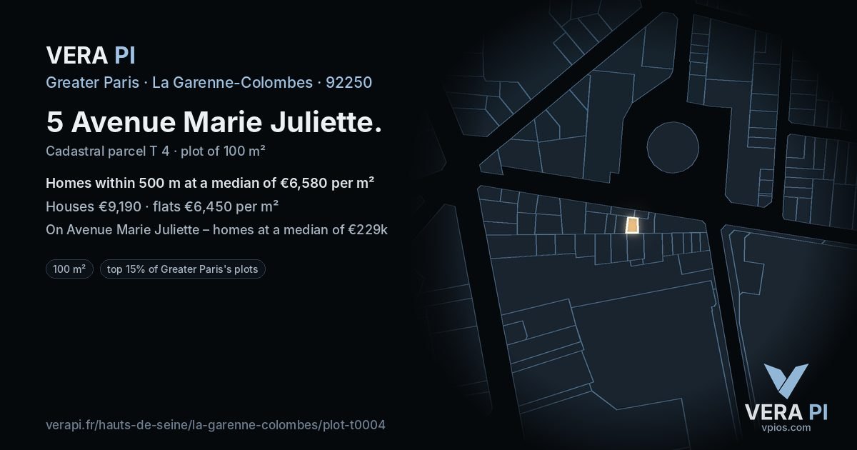 5 Avenue Marie Juliette, La Garenne-Colombes at night – the plot lit, the parcels around coloured by the prices near them