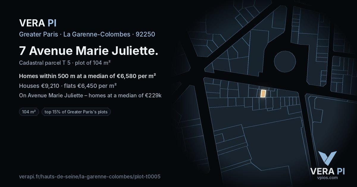 7 Avenue Marie Juliette, La Garenne-Colombes at night – the plot lit, the parcels around coloured by the prices near them