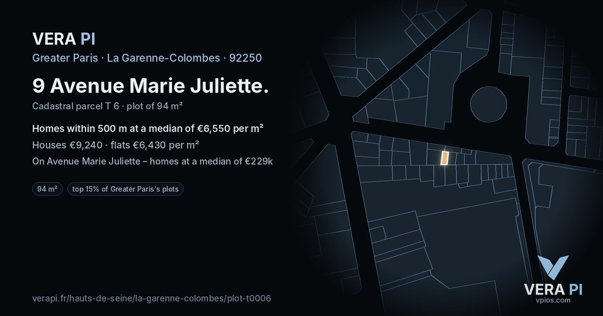 9 Avenue Marie Juliette, La Garenne-Colombes at night – the plot lit, the parcels around coloured by the prices near them