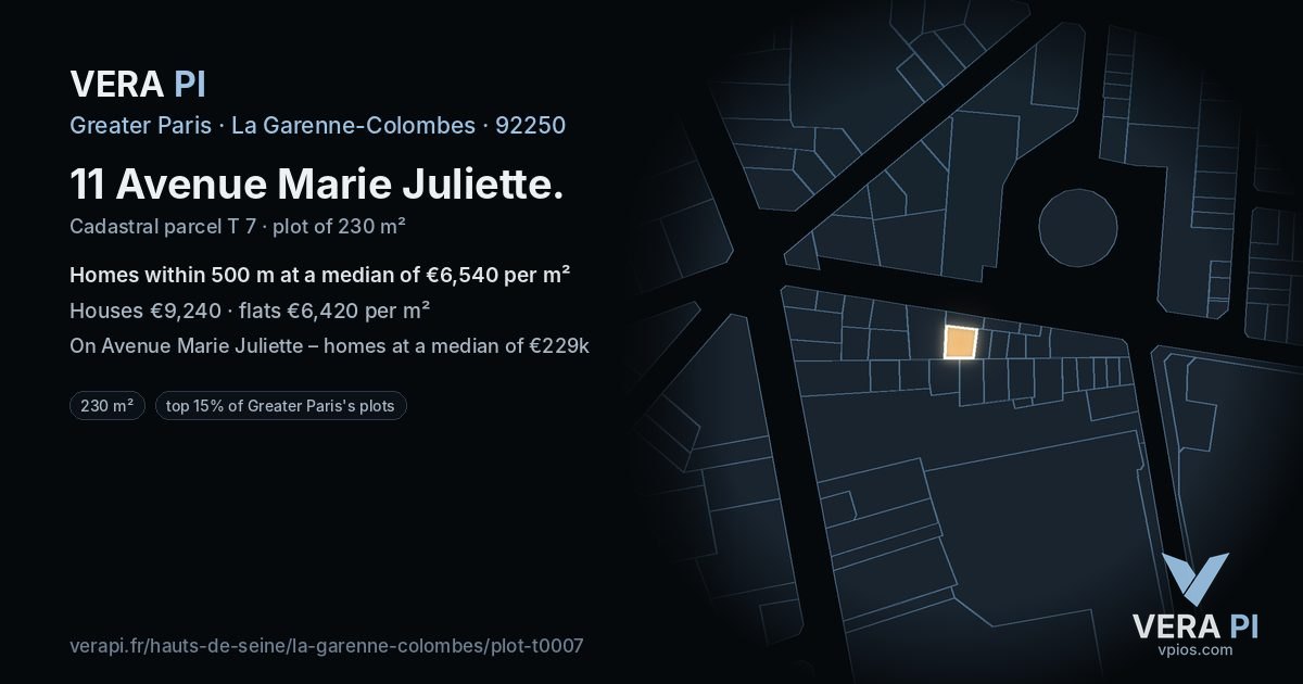 11 Avenue Marie Juliette, La Garenne-Colombes at night – the plot lit, the parcels around coloured by the prices near them