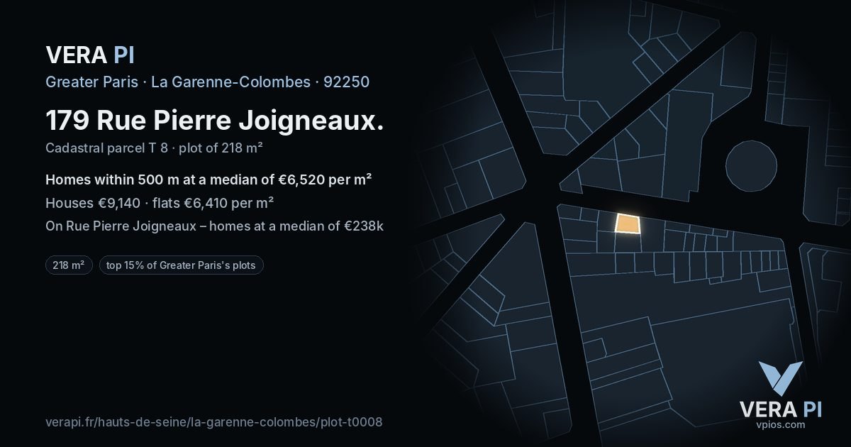 179 Rue Pierre Joigneaux, La Garenne-Colombes at night – the plot lit, the parcels around coloured by the prices near them