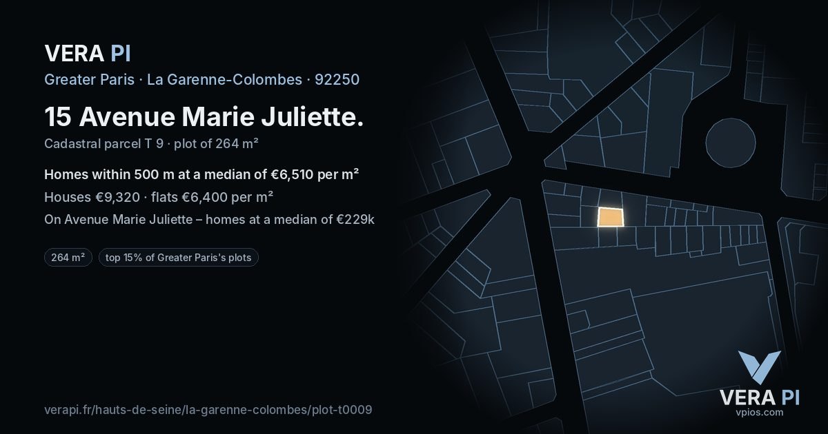 15 Avenue Marie Juliette, La Garenne-Colombes at night – the plot lit, the parcels around coloured by the prices near them