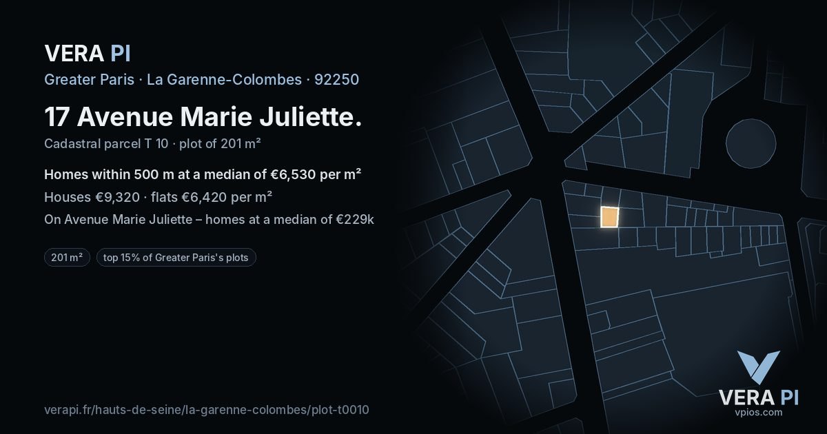 17 Avenue Marie Juliette, La Garenne-Colombes at night – the plot lit, the parcels around coloured by the prices near them