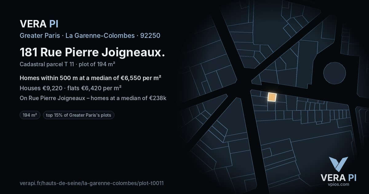 181 Rue Pierre Joigneaux, La Garenne-Colombes at night – the plot lit, the parcels around coloured by the prices near them