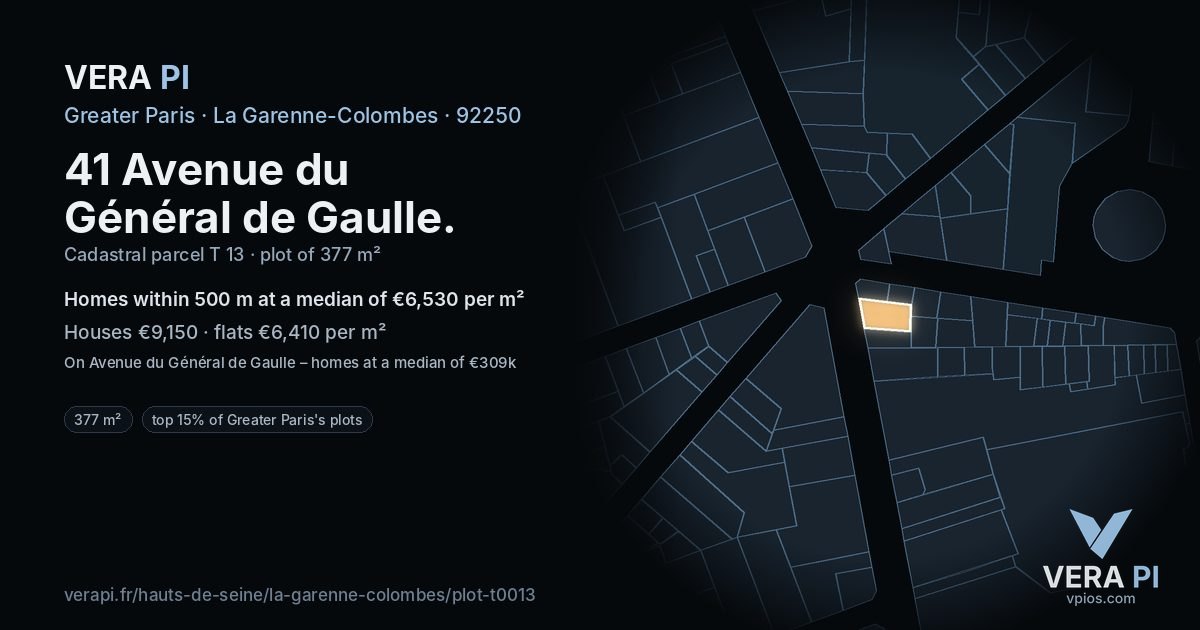 41 Avenue du Général de Gaulle, La Garenne-Colombes at night – the plot lit, the parcels around coloured by the prices near them
