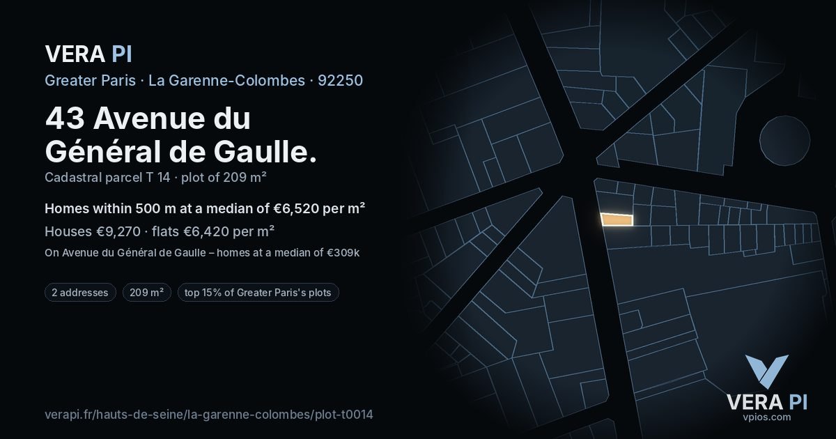 43 Avenue du Général de Gaulle, La Garenne-Colombes at night – the plot lit, the parcels around coloured by the prices near them