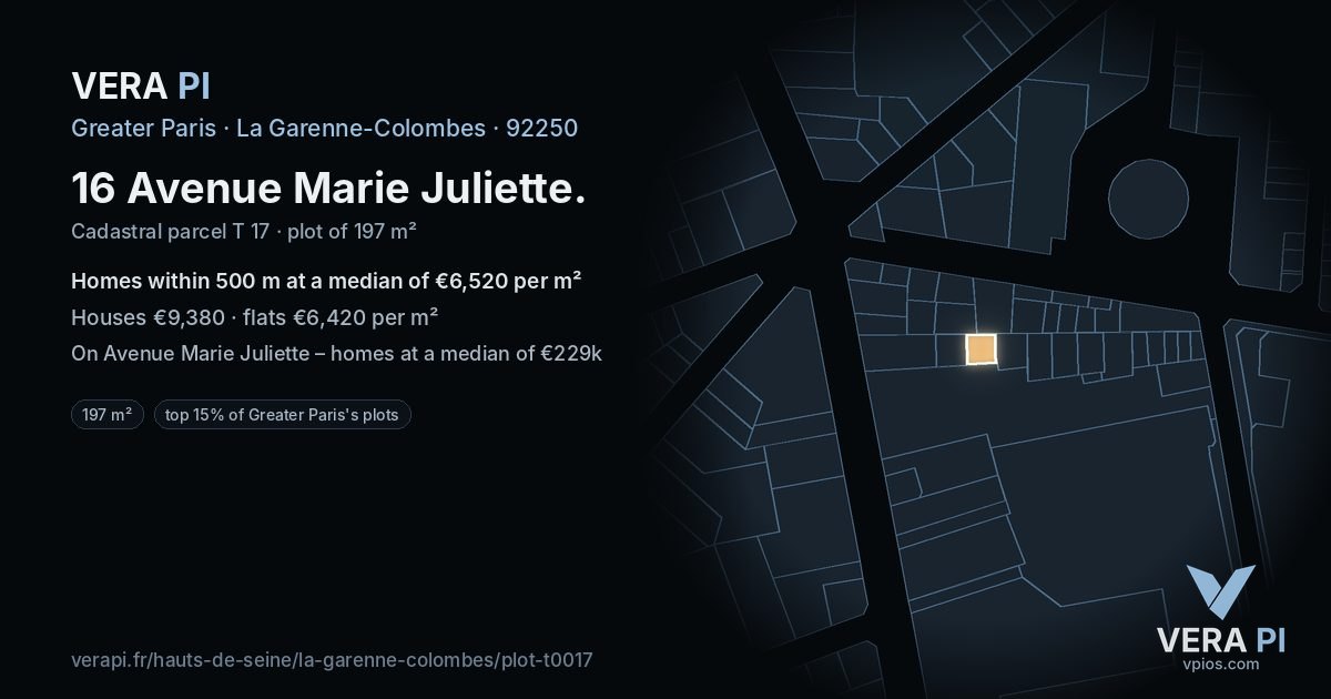 16 Avenue Marie Juliette, La Garenne-Colombes at night – the plot lit, the parcels around coloured by the prices near them