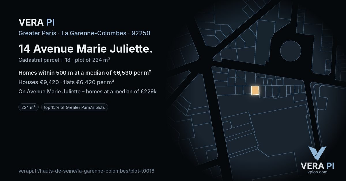 14 Avenue Marie Juliette, La Garenne-Colombes at night – the plot lit, the parcels around coloured by the prices near them
