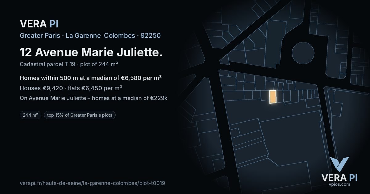 12 Avenue Marie Juliette, La Garenne-Colombes at night – the plot lit, the parcels around coloured by the prices near them