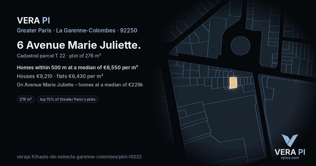 6 Avenue Marie Juliette, La Garenne-Colombes at night – the plot lit, the parcels around coloured by the prices near them