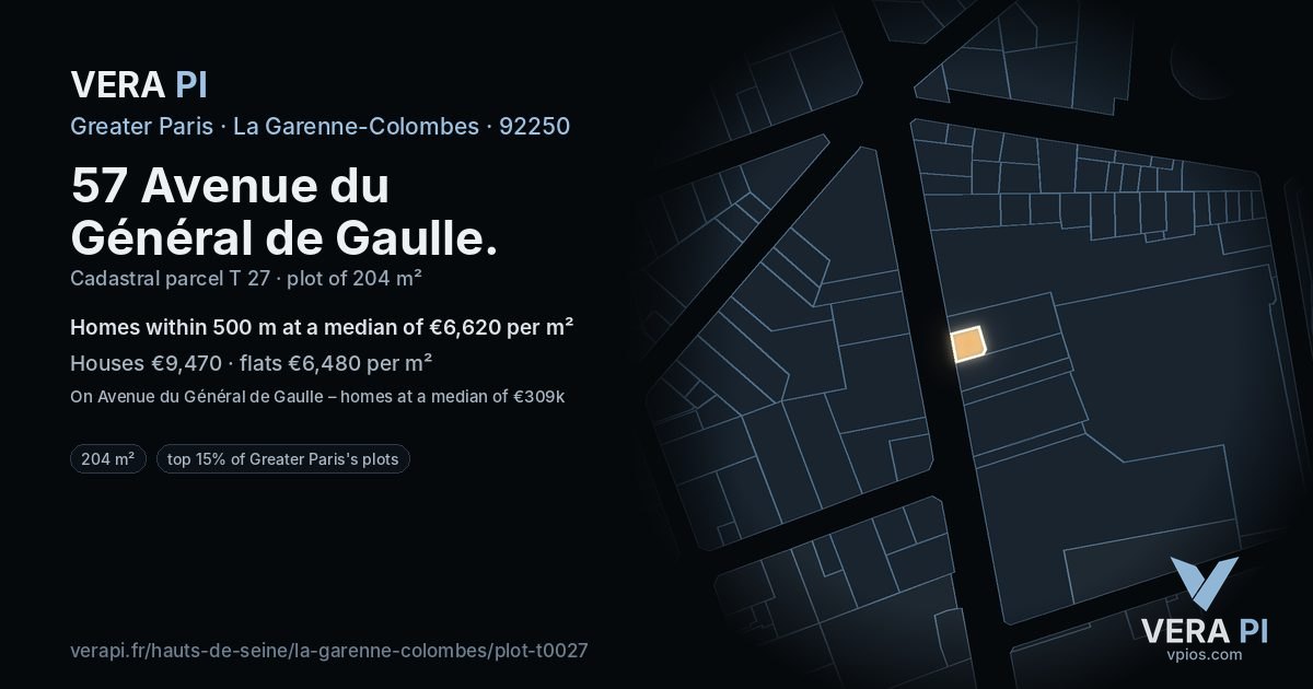 57 Avenue du Général de Gaulle, La Garenne-Colombes at night – the plot lit, the parcels around coloured by the prices near them
