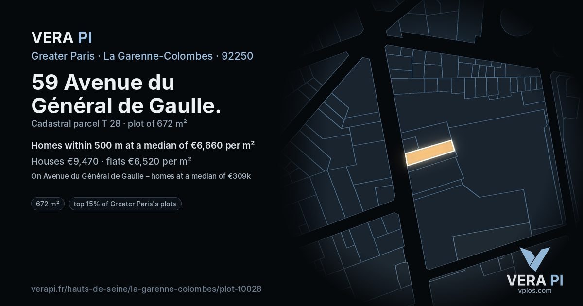 59 Avenue du Général de Gaulle, La Garenne-Colombes at night – the plot lit, the parcels around coloured by the prices near them