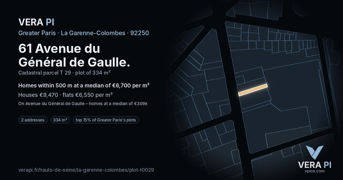 61 Avenue du Général de Gaulle, La Garenne-Colombes at night – the plot lit, the parcels around coloured by the prices near them