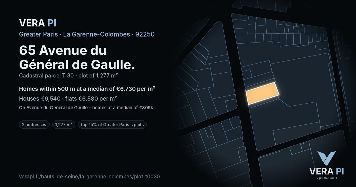 65 Avenue du Général de Gaulle, La Garenne-Colombes at night – the plot lit, the parcels around coloured by the prices near them