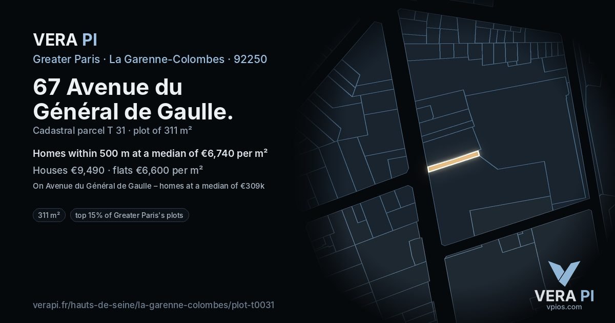 67 Avenue du Général de Gaulle, La Garenne-Colombes at night – the plot lit, the parcels around coloured by the prices near them