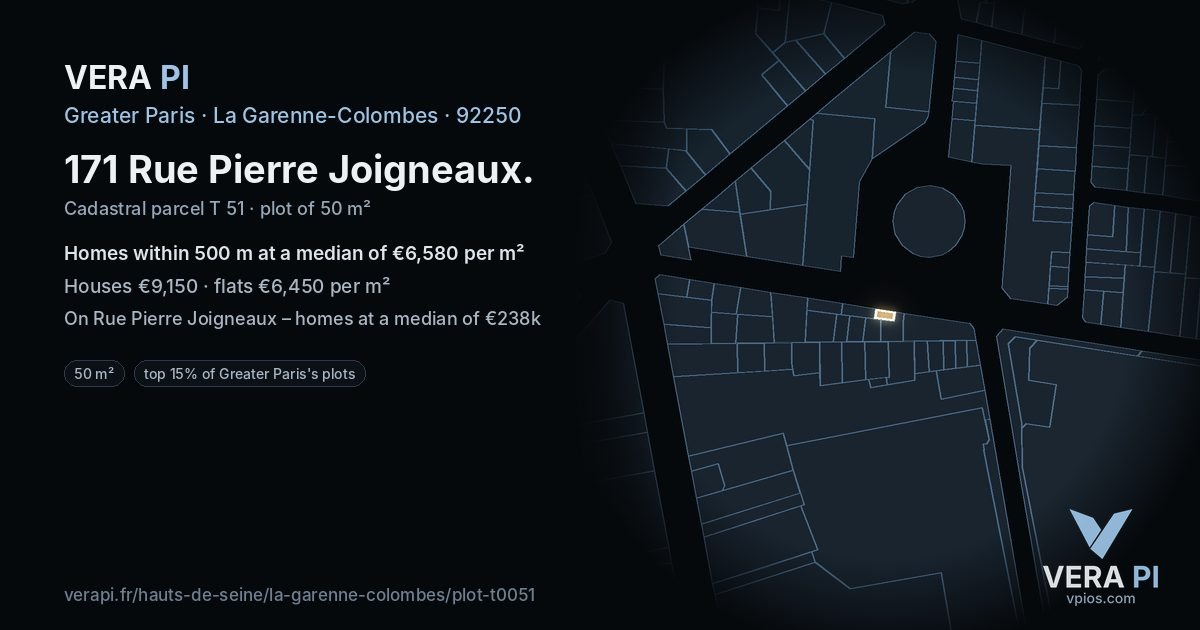 171 Rue Pierre Joigneaux, La Garenne-Colombes at night – the plot lit, the parcels around coloured by the prices near them