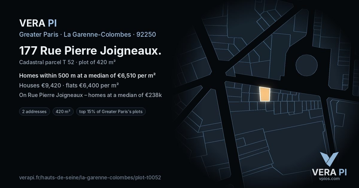 177 Rue Pierre Joigneaux, La Garenne-Colombes at night – the plot lit, the parcels around coloured by the prices near them
