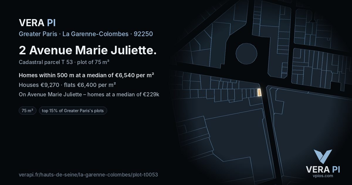 2 Avenue Marie Juliette, La Garenne-Colombes at night – the plot lit, the parcels around coloured by the prices near them