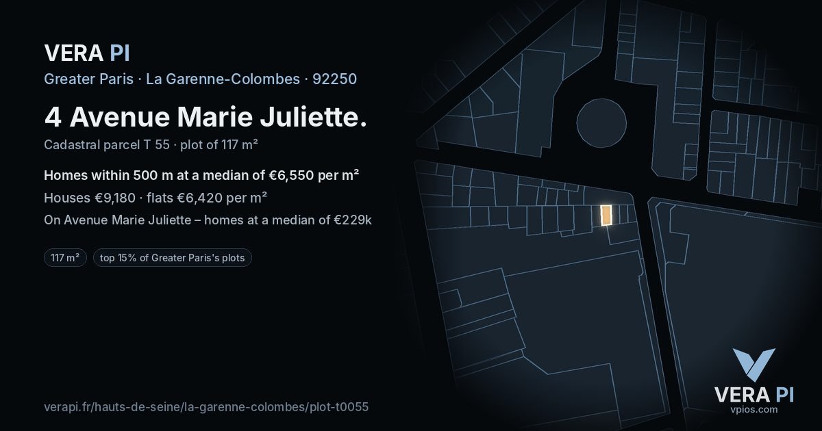 4 Avenue Marie Juliette, La Garenne-Colombes at night – the plot lit, the parcels around coloured by the prices near them