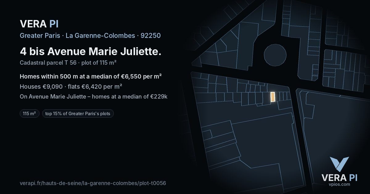 4 bis Avenue Marie Juliette, La Garenne-Colombes at night – the plot lit, the parcels around coloured by the prices near them