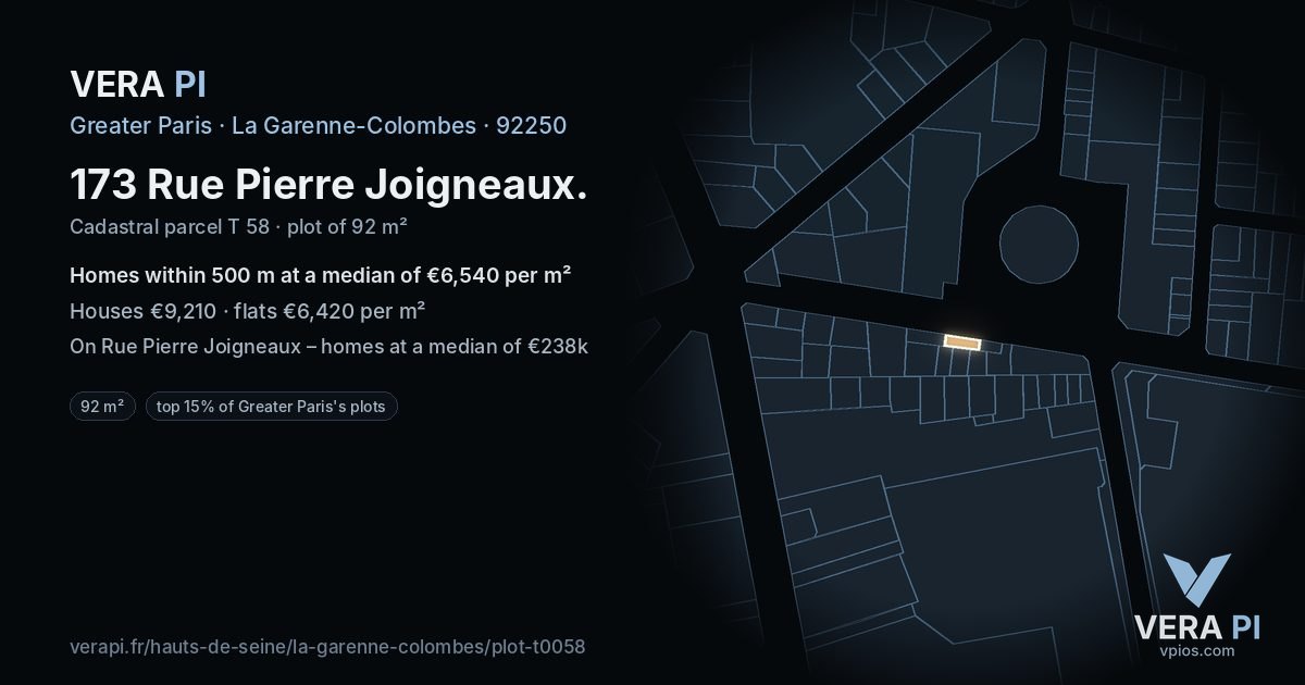 173 Rue Pierre Joigneaux, La Garenne-Colombes at night – the plot lit, the parcels around coloured by the prices near them