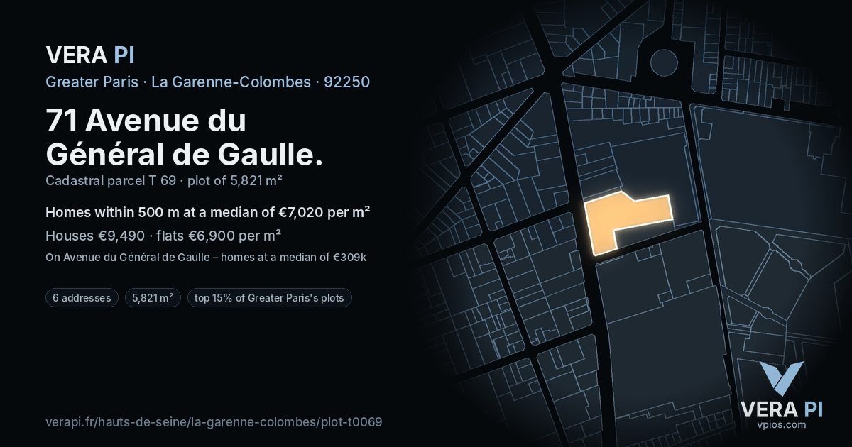 71 Avenue du Général de Gaulle, La Garenne-Colombes at night – the plot lit, the parcels around coloured by the prices near them