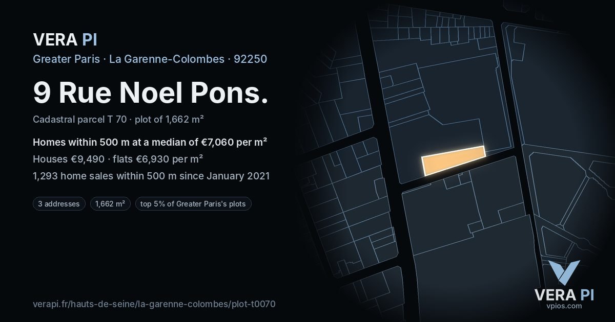 9 Rue Noel Pons, La Garenne-Colombes at night – the plot lit, the parcels around coloured by the prices near them