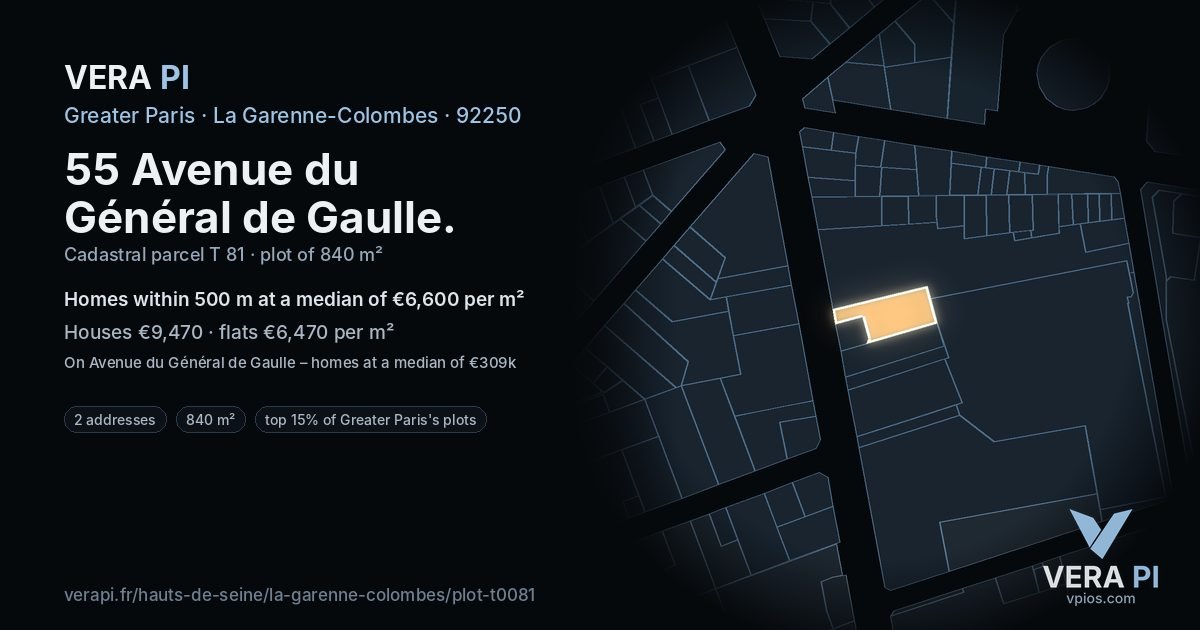 55 Avenue du Général de Gaulle, La Garenne-Colombes at night – the plot lit, the parcels around coloured by the prices near them