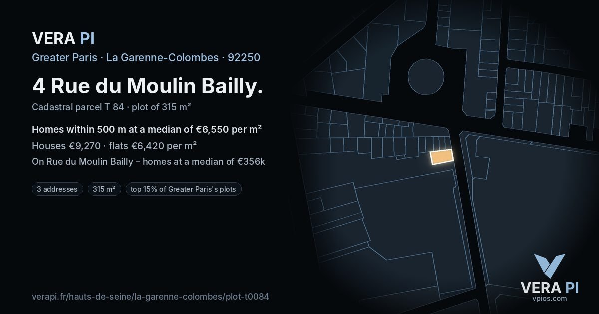 4 Rue du Moulin Bailly, La Garenne-Colombes at night – the plot lit, the parcels around coloured by the prices near them