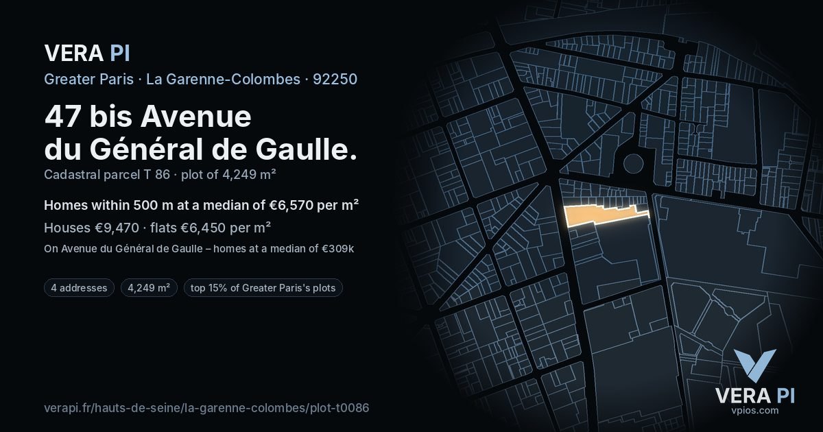 47 bis Avenue du Général de Gaulle, La Garenne-Colombes at night – the plot lit, the parcels around coloured by the prices near them