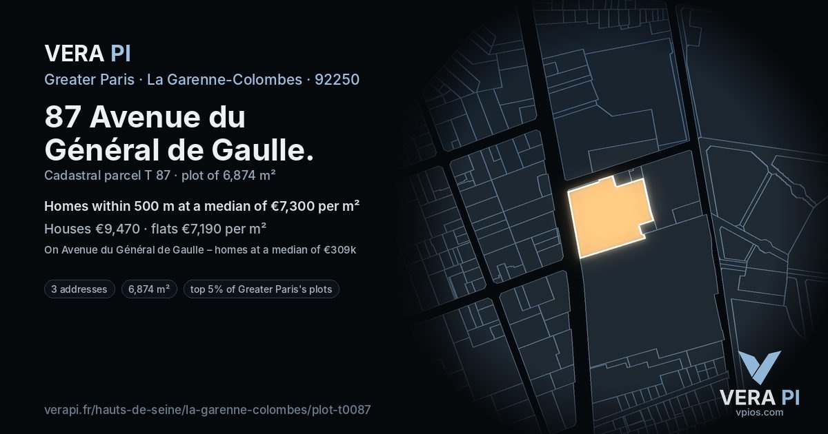 87 Avenue du Général de Gaulle, La Garenne-Colombes at night – the plot lit, the parcels around coloured by the prices near them