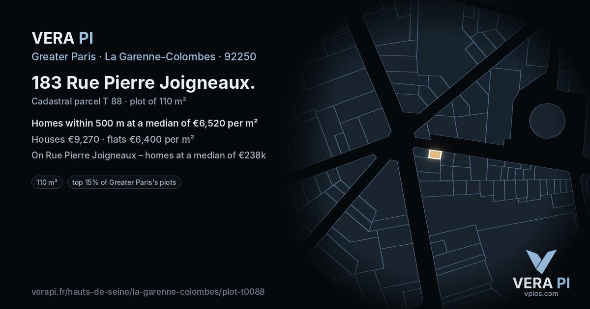 183 Rue Pierre Joigneaux, La Garenne-Colombes at night – the plot lit, the parcels around coloured by the prices near them