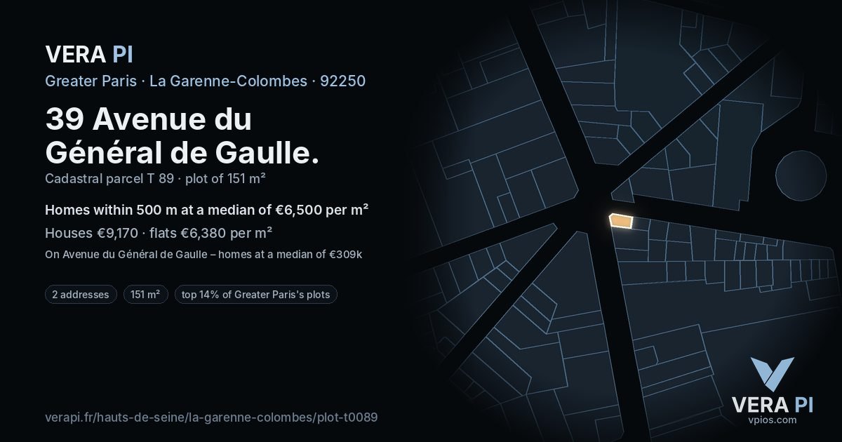 39 Avenue du Général de Gaulle, La Garenne-Colombes at night – the plot lit, the parcels around coloured by the prices near them