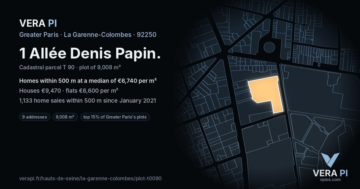 1 Allée Denis Papin, La Garenne-Colombes at night – the plot lit, the parcels around coloured by the prices near them