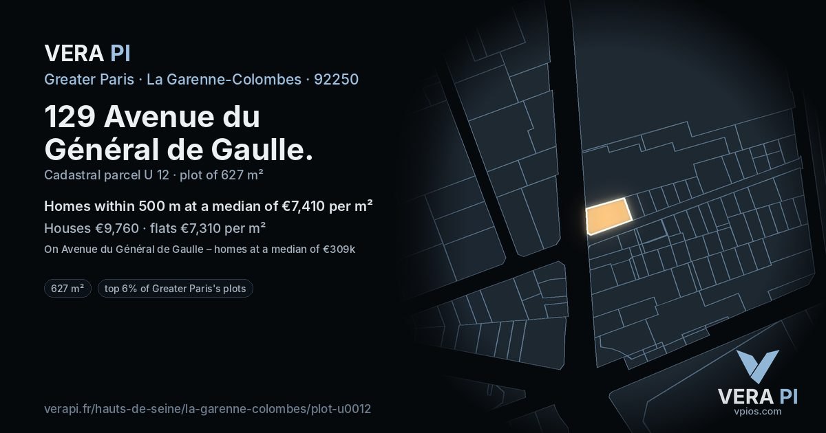 129 Avenue du Général de Gaulle, La Garenne-Colombes at night – the plot lit, the parcels around coloured by the prices near them