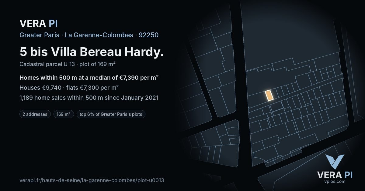 5 bis Villa Bereau Hardy, La Garenne-Colombes at night – the plot lit, the parcels around coloured by the prices near them
