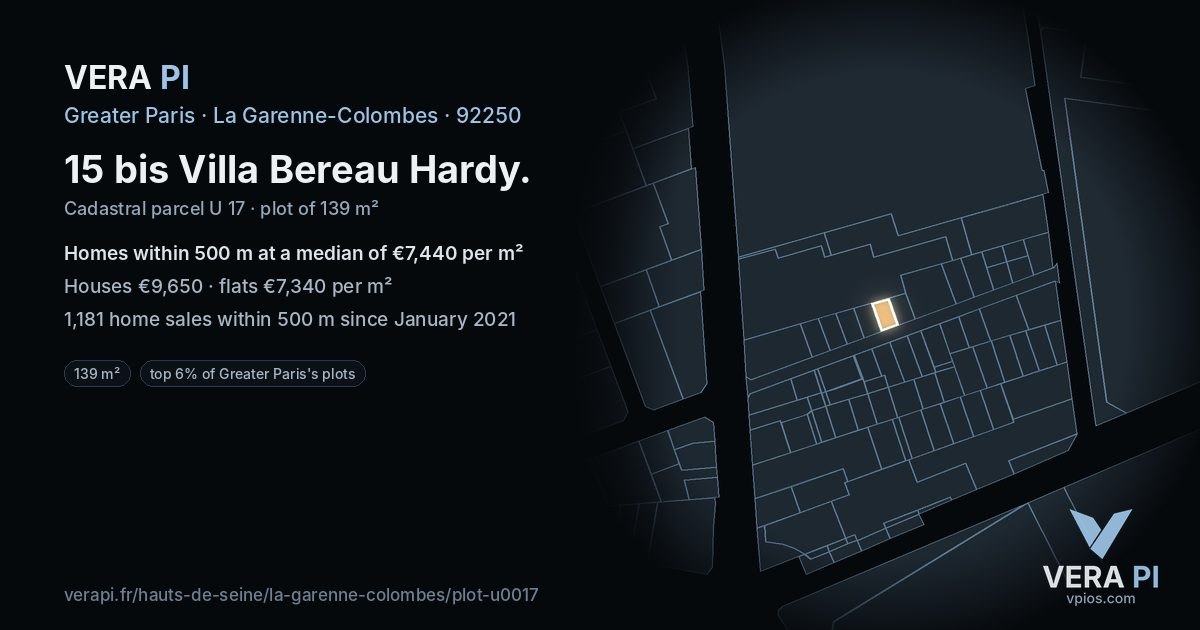 15 bis Villa Bereau Hardy, La Garenne-Colombes at night – the plot lit, the parcels around coloured by the prices near them