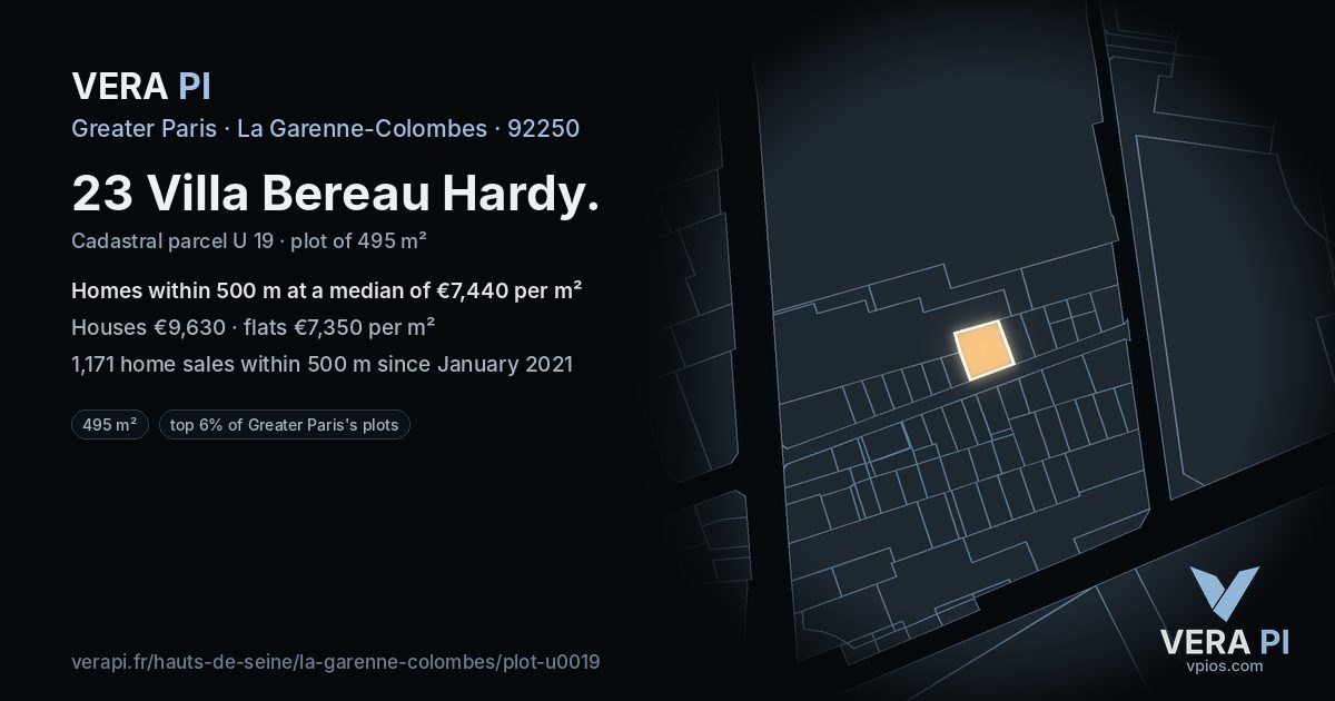 23 Villa Bereau Hardy, La Garenne-Colombes at night – the plot lit, the parcels around coloured by the prices near them