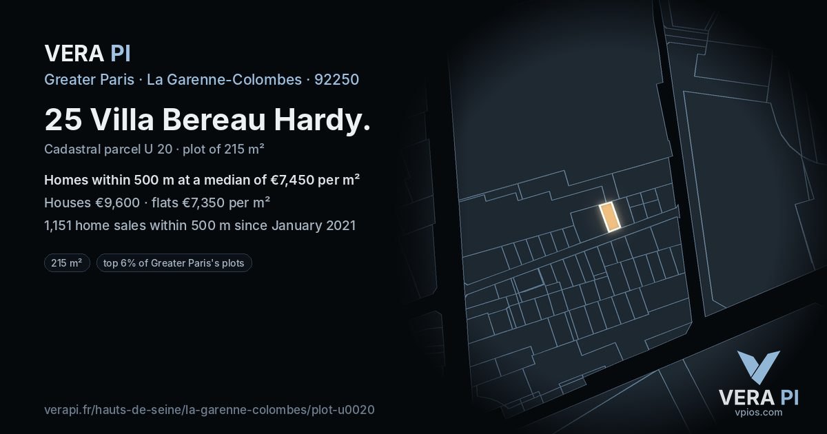 25 Villa Bereau Hardy, La Garenne-Colombes at night – the plot lit, the parcels around coloured by the prices near them