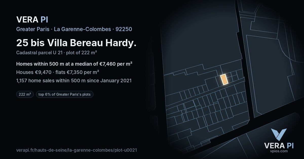 25 bis Villa Bereau Hardy, La Garenne-Colombes at night – the plot lit, the parcels around coloured by the prices near them