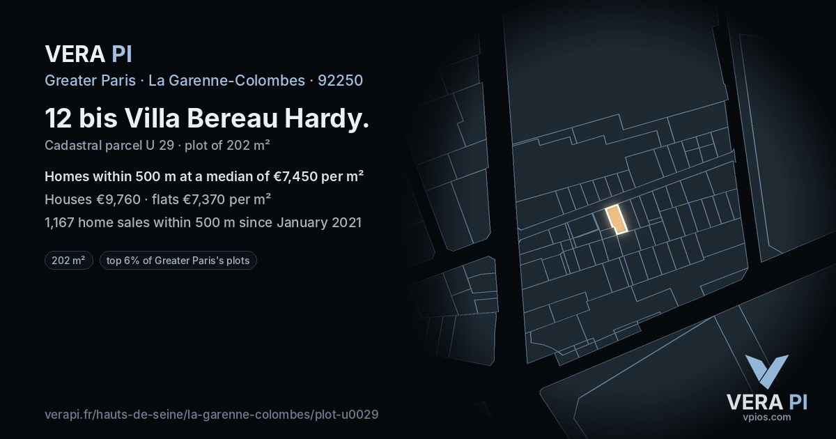 12 bis Villa Bereau Hardy, La Garenne-Colombes at night – the plot lit, the parcels around coloured by the prices near them