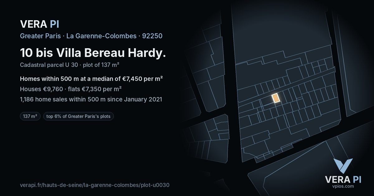 10 bis Villa Bereau Hardy, La Garenne-Colombes at night – the plot lit, the parcels around coloured by the prices near them