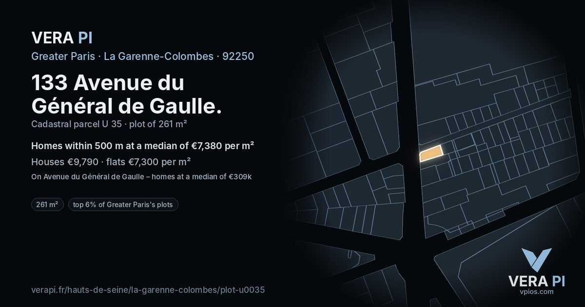 133 Avenue du Général de Gaulle, La Garenne-Colombes at night – the plot lit, the parcels around coloured by the prices near them