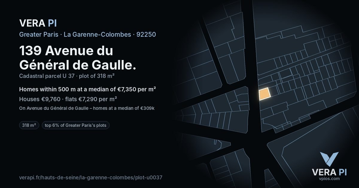 139 Avenue du Général de Gaulle, La Garenne-Colombes at night – the plot lit, the parcels around coloured by the prices near them
