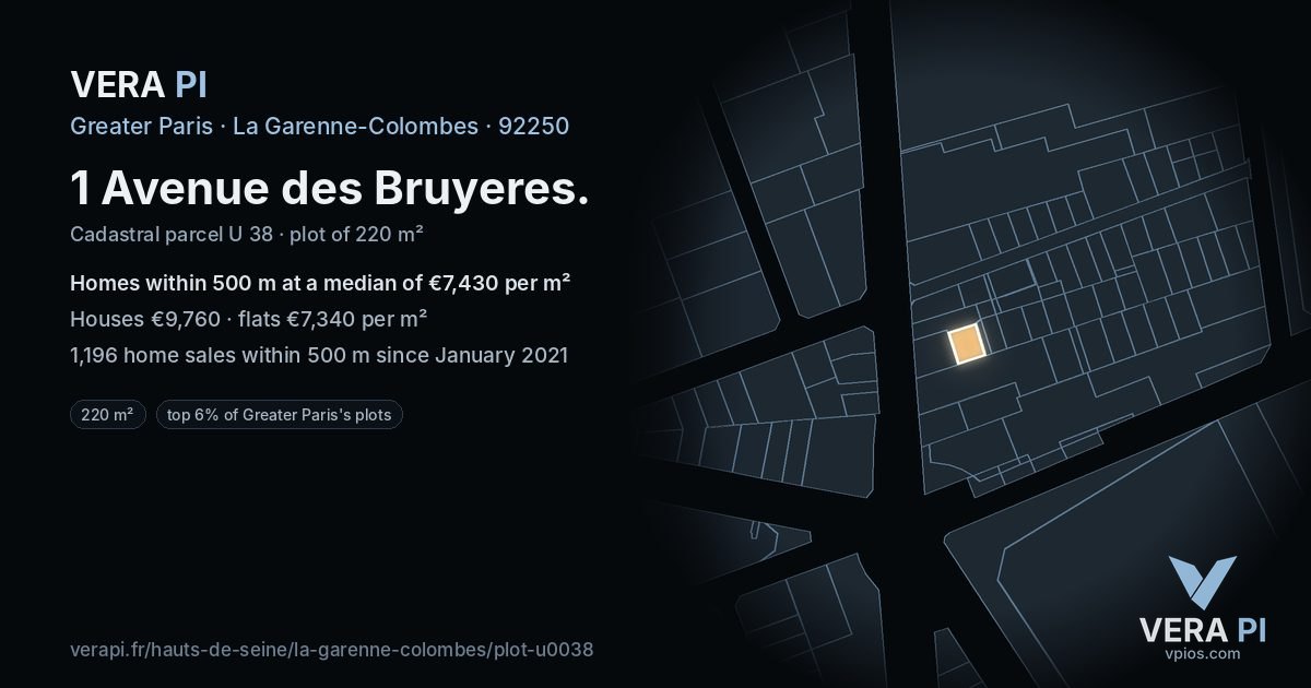 1 Avenue des Bruyeres, La Garenne-Colombes at night – the plot lit, the parcels around coloured by the prices near them