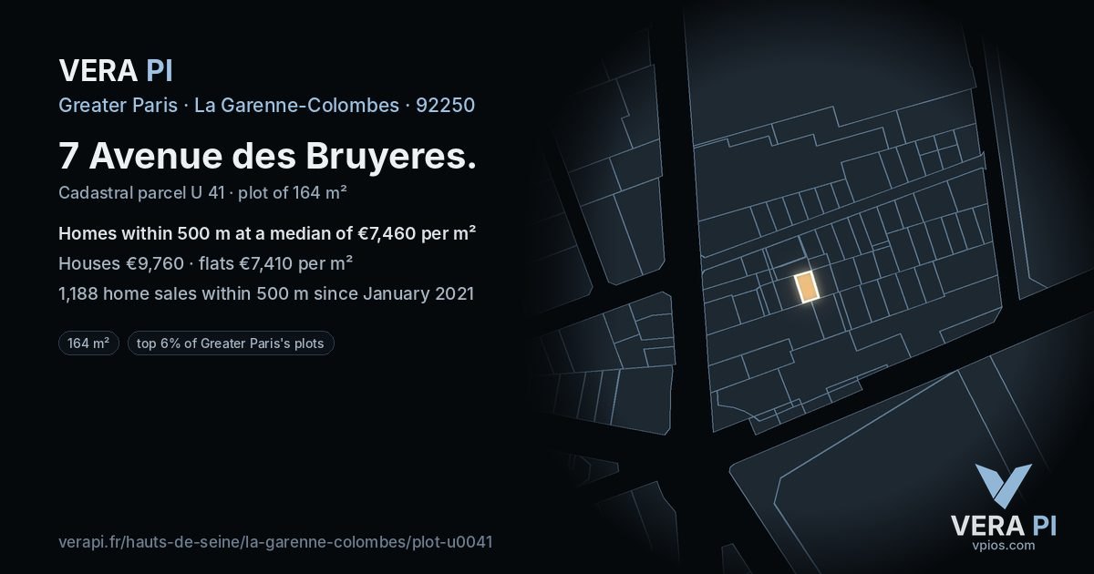 7 Avenue des Bruyeres, La Garenne-Colombes at night – the plot lit, the parcels around coloured by the prices near them