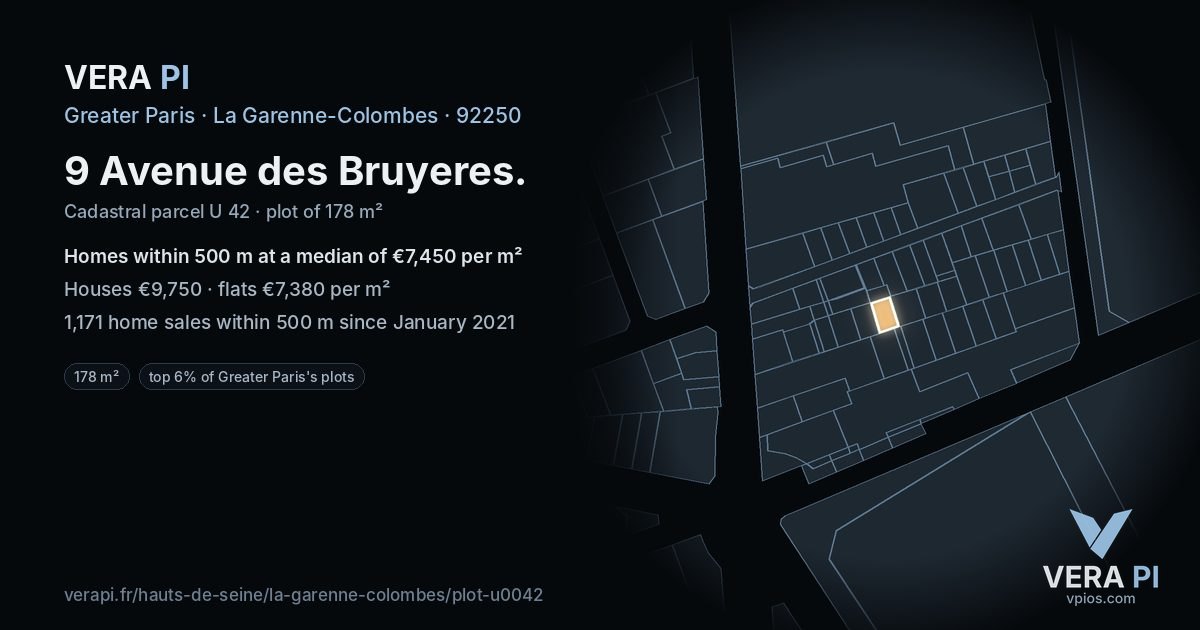 9 Avenue des Bruyeres, La Garenne-Colombes at night – the plot lit, the parcels around coloured by the prices near them