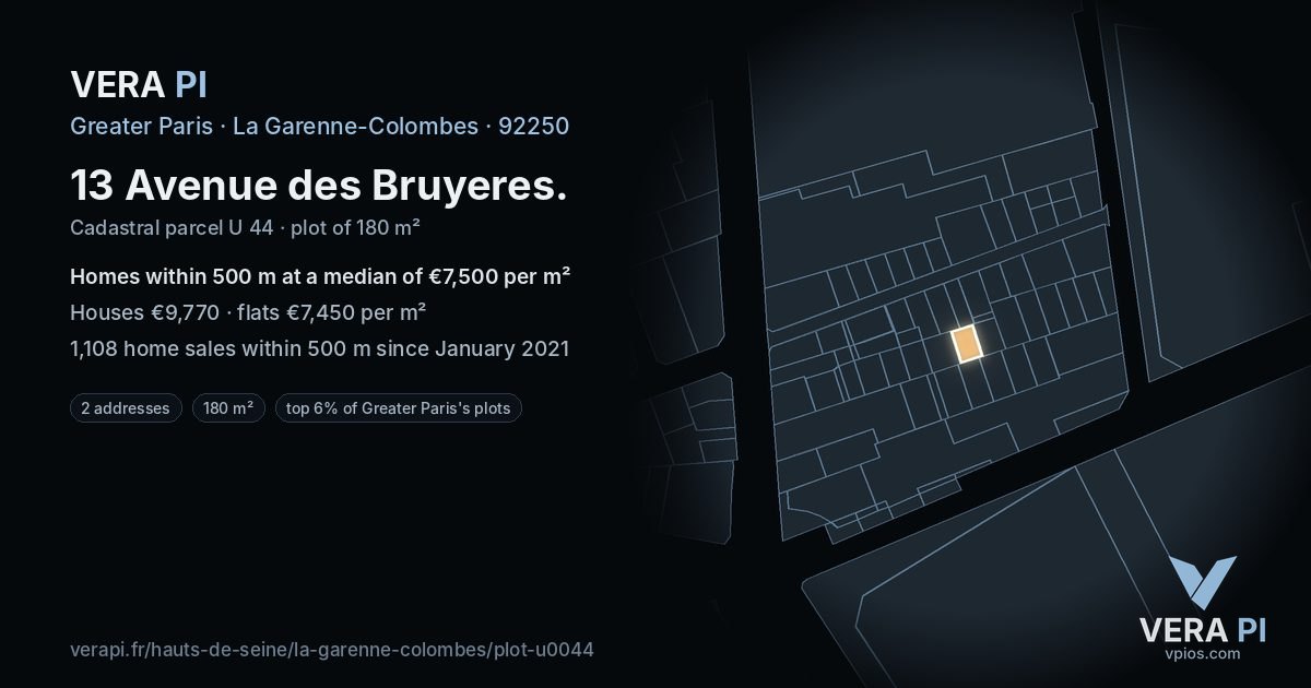13 Avenue des Bruyeres, La Garenne-Colombes at night – the plot lit, the parcels around coloured by the prices near them