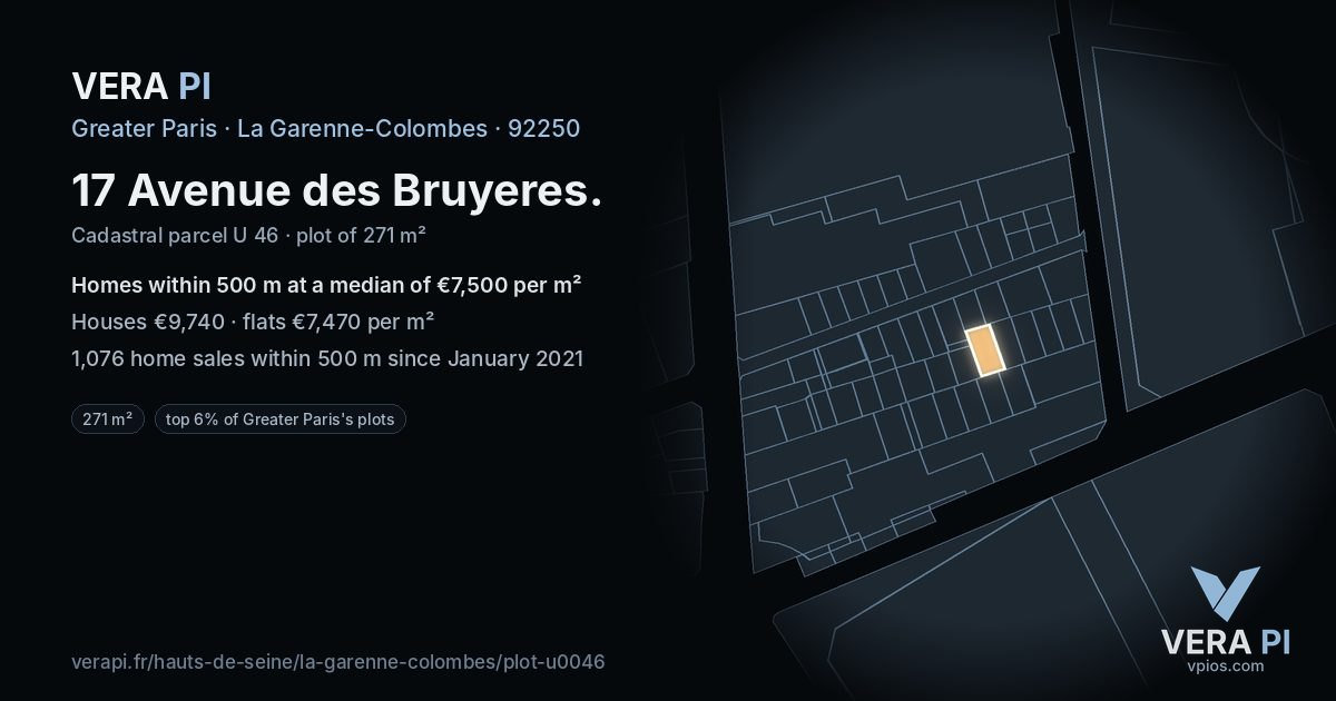 17 Avenue des Bruyeres, La Garenne-Colombes at night – the plot lit, the parcels around coloured by the prices near them