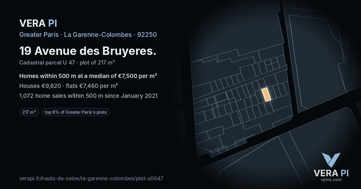 19 Avenue des Bruyeres, La Garenne-Colombes at night – the plot lit, the parcels around coloured by the prices near them